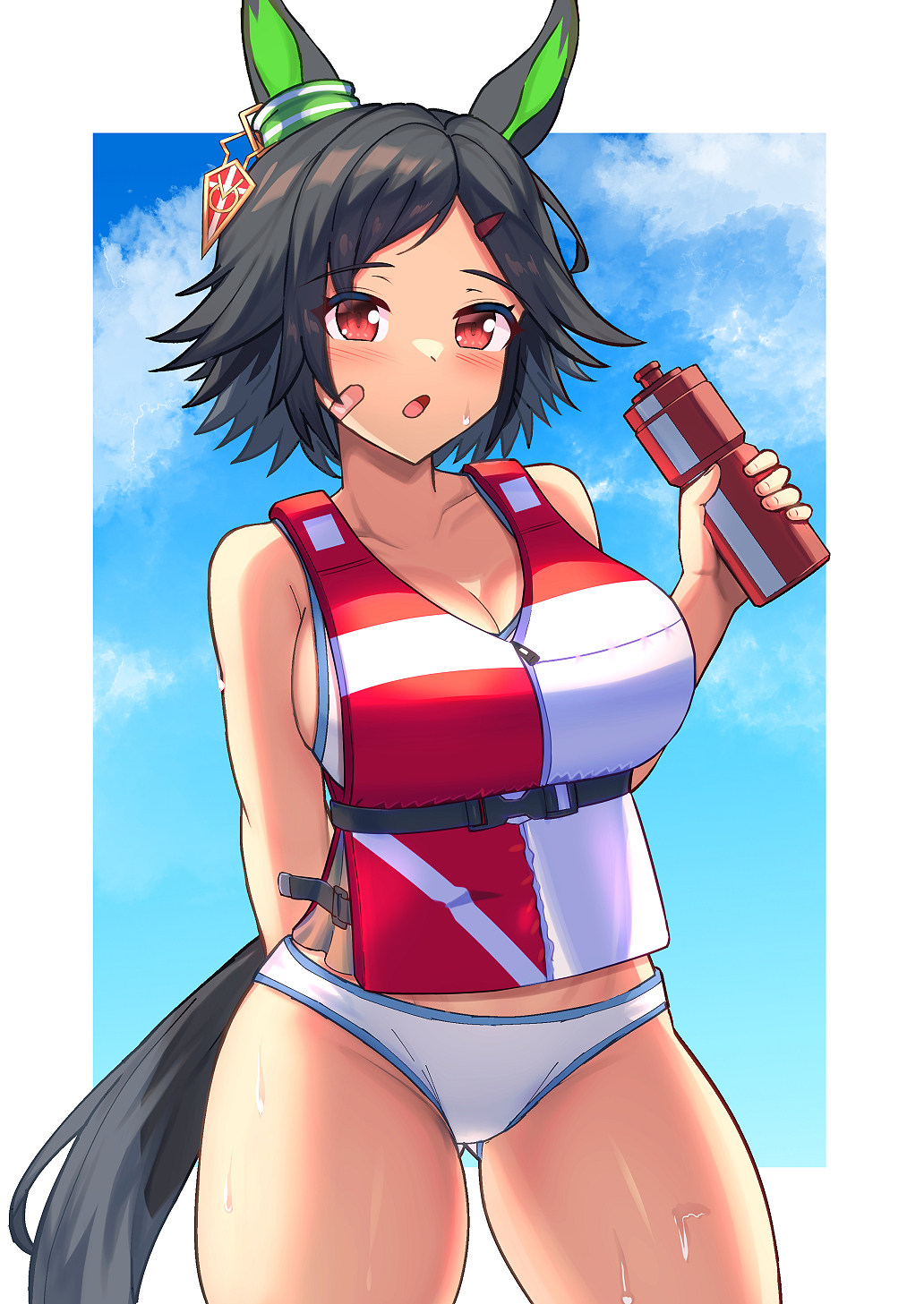 yuutopia, winning ticket (umamusume), umamusume, commentary request, highres, 1girl, animal ears, bandaid, bandaid on cheek, bandaid on face, bikini, black hair, blue sky, blush, border, bottle, breasts, cleavage, cowboy shot, day, gluteal fold, hair between eyes, holding, holding bottle, horse ears, horse girl, horse tail, large breasts, life vest, open mouth, outdoors, outside border, red eyes, short hair, sky, solo, sweat, swimsuit, tail, water bottle, white bikini, white border