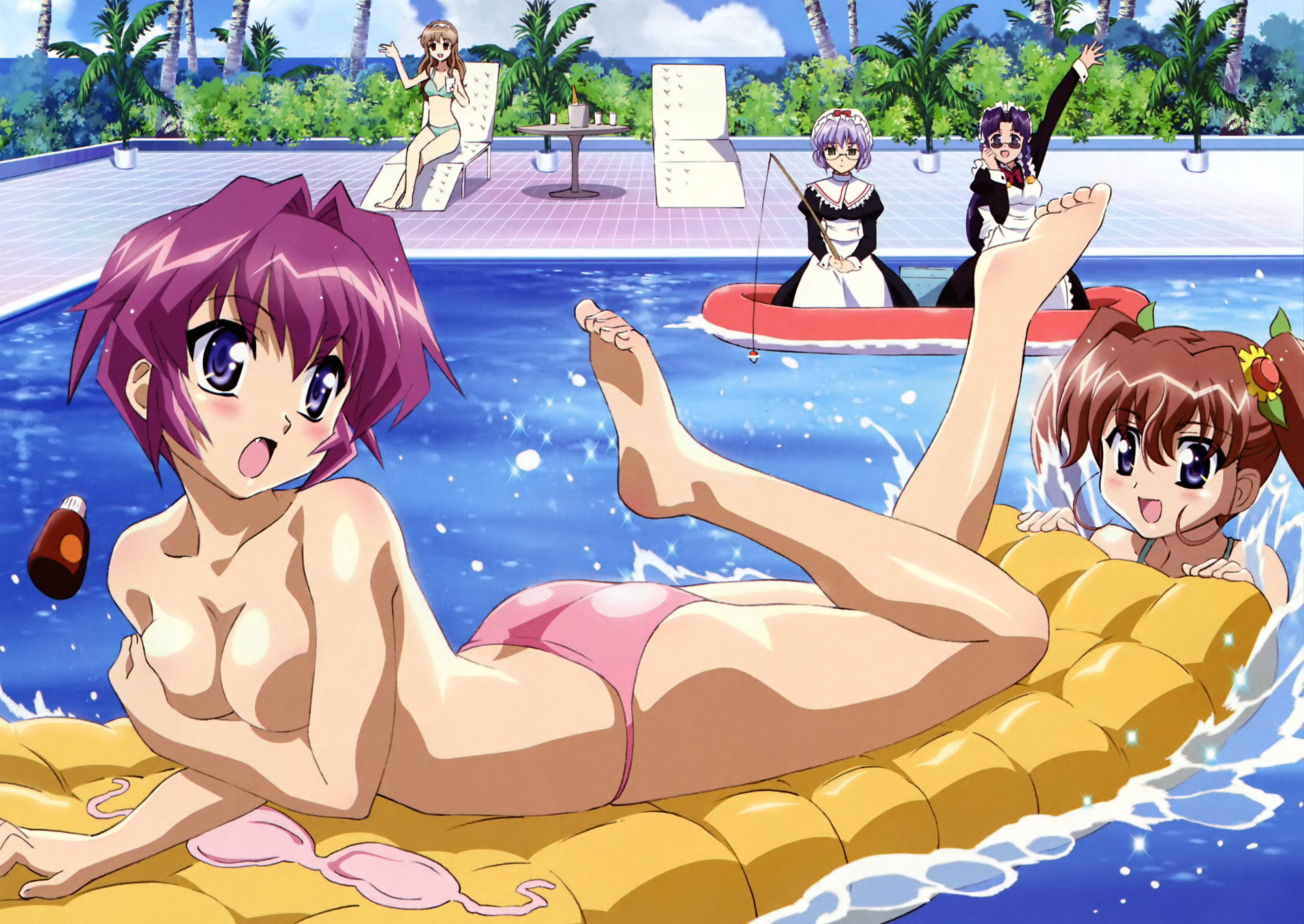 amamiya shiina, nanashiro nanami, nogizaka haruka, nogizaka mika, sakurazaka hazuki, nogizaka haruka no himitsu, breast hold, absurdres, highres, non-web source, 00s, 5girls, barefoot, bikini, blue eyes, blue hair, blush, boat, breasts, brown hair, cleavage, day, fang, fishing, fishing rod, glasses, inflatable raft, legs up, long hair, lotion, lying, maid, medium breasts, multiple girls, on boat, on stomach, pool, purple hair, short hair, sunglasses, sunscreen, swimsuit, twintails