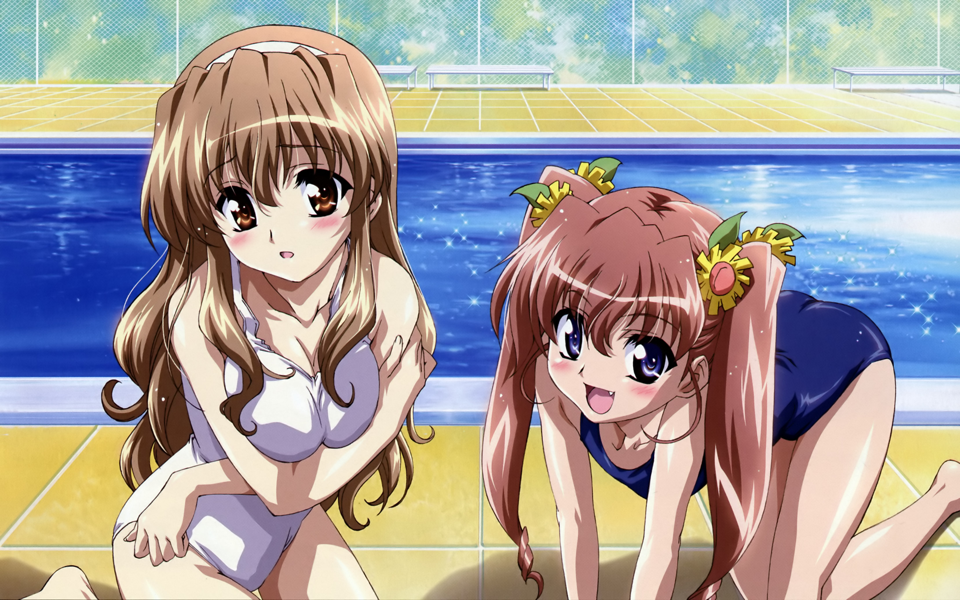 ishikawa masakazu, nogizaka haruka, nogizaka mika, nogizaka haruka no himitsu, breast hold, absurdres, detexted, highres, non-web source, third-party edit, 00s, 2girls, :d, all fours, bench, blue eyes, blue one-piece swimsuit, blush, breasts, breasts squeezed together, brown eyes, brown hair, chain-link fence, cleavage, crossed arms, day, fang, fence, flower, hair flower, hair ornament, hairband, headband, large breasts, leaning forward, long hair, looking at viewer, multiple girls, one-piece swimsuit, open mouth, outdoors, perspective, pool, poolside, school swimsuit, siblings, sisters, small breasts, smile, sparkle, sunflower, swimsuit, tile floor, tiles, twintails, wet, white one-piece swimsuit, white school swimsuit