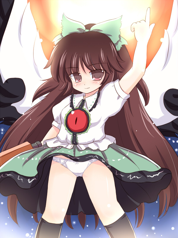 ry (yagoyago), reiuji utsuho, touhou, 1girl, brown hair, clothes lift, female focus, long hair, panties, skirt, skirt lift, smile, solo, underwear, upskirt, wings