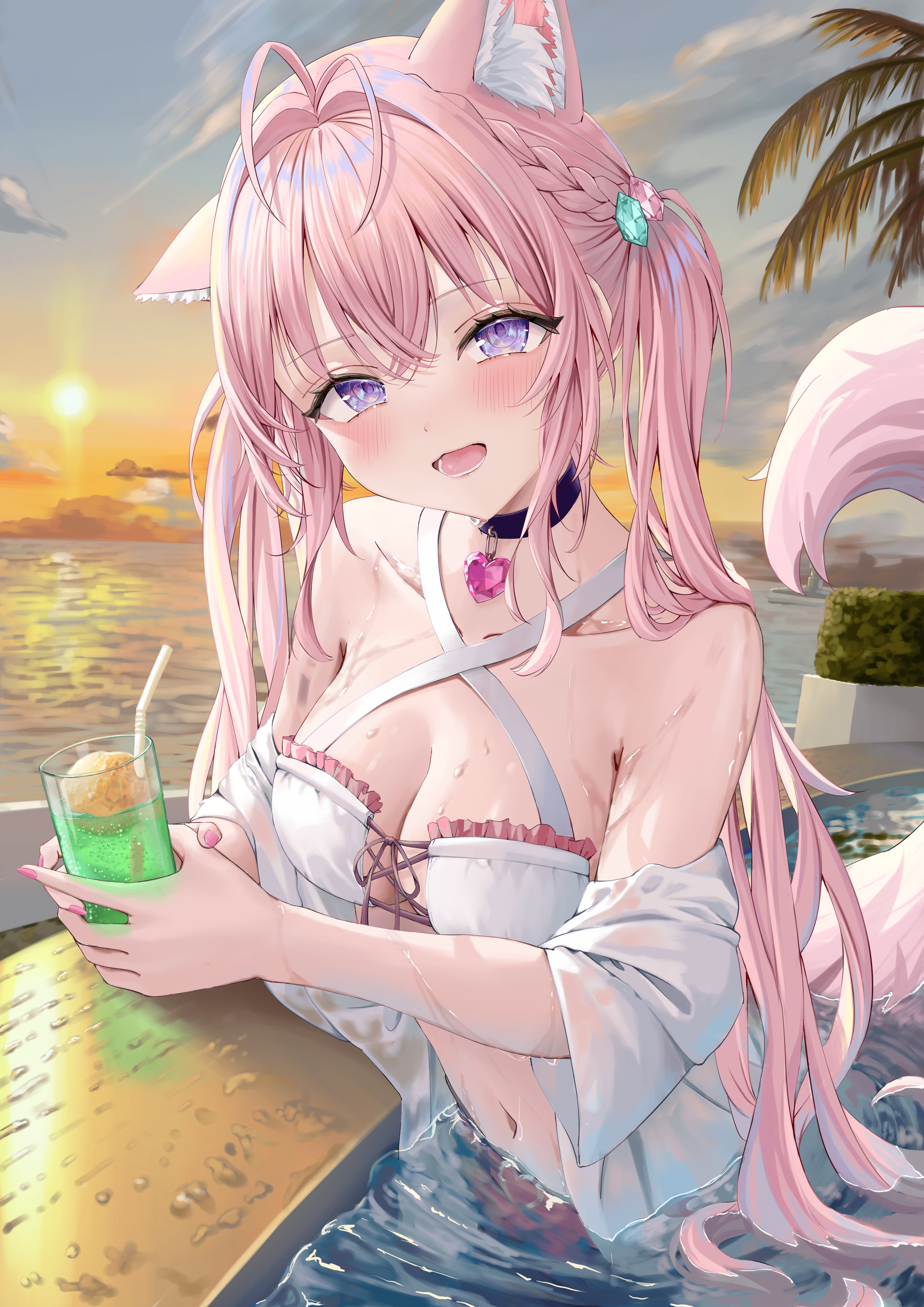 yuge (setsura), hakui koyori, hololive, absurdres, commentary, highres, 1girl, :3, animal ears, antenna hair, bare shoulders, beach, bikini, black choker, blue sky, blush, braid, breasts, bush, choker, cleavage, cloud, cloudy sky, collarbone, criss-cross halter, cup, drink, drinking straw, extra ears, fingernails, gem, gem hair ornament, glass, green gemstone, hair intakes, hair ornament, halterneck, heart collar, holding, holding cup, large breasts, long hair, long sleeves, looking at viewer, nail polish, navel, ocean, open mouth, palm tree, pink gemstone, pink hair, pink nails, pink tail, poolside, purple eyes, shirt, sky, smile, solo, stomach, sunset, swimsuit, table, tail, teeth, tongue, tree, twintails, virtual youtuber, water, white bikini, white shirt, wolf ears, wolf girl, wolf tail