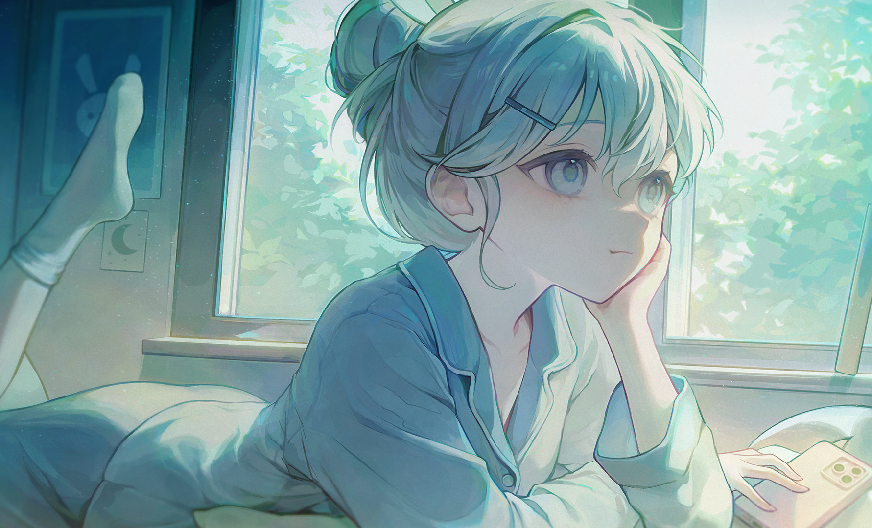 sorokcloud, indie utaite, commentary, commission, english commentary, highres, 1girl, cellphone, closed mouth, collarbone, collared shirt, green eyes, hair bun, hair intakes, hair ornament, hairclip, hand on own cheek, hand on own face, indoors, leg up, light blush, light smile, long hair, long sleeves, lying, on bed, on stomach, phone, shirt, smartphone, socks, solo, white hair, white shirt, white socks, window, yoharu