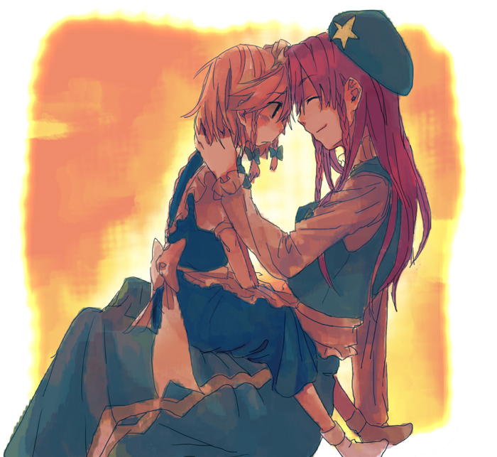 takishima asaka, hong meiling, izayoi sakuya, embodiment of scarlet devil, touhou, 2girls, aged down, apron, beret, blush, braid, child, closed eyes, embarrassed, face-to-face, female focus, forehead-to-forehead, grabbing another's hair, hat, heads together, holding another's hair, long hair, long sleeves, maid, maid apron, multiple girls, profile, red hair, short hair, short sleeves, sitting, sitting on lap, sitting on person, smile, socks
