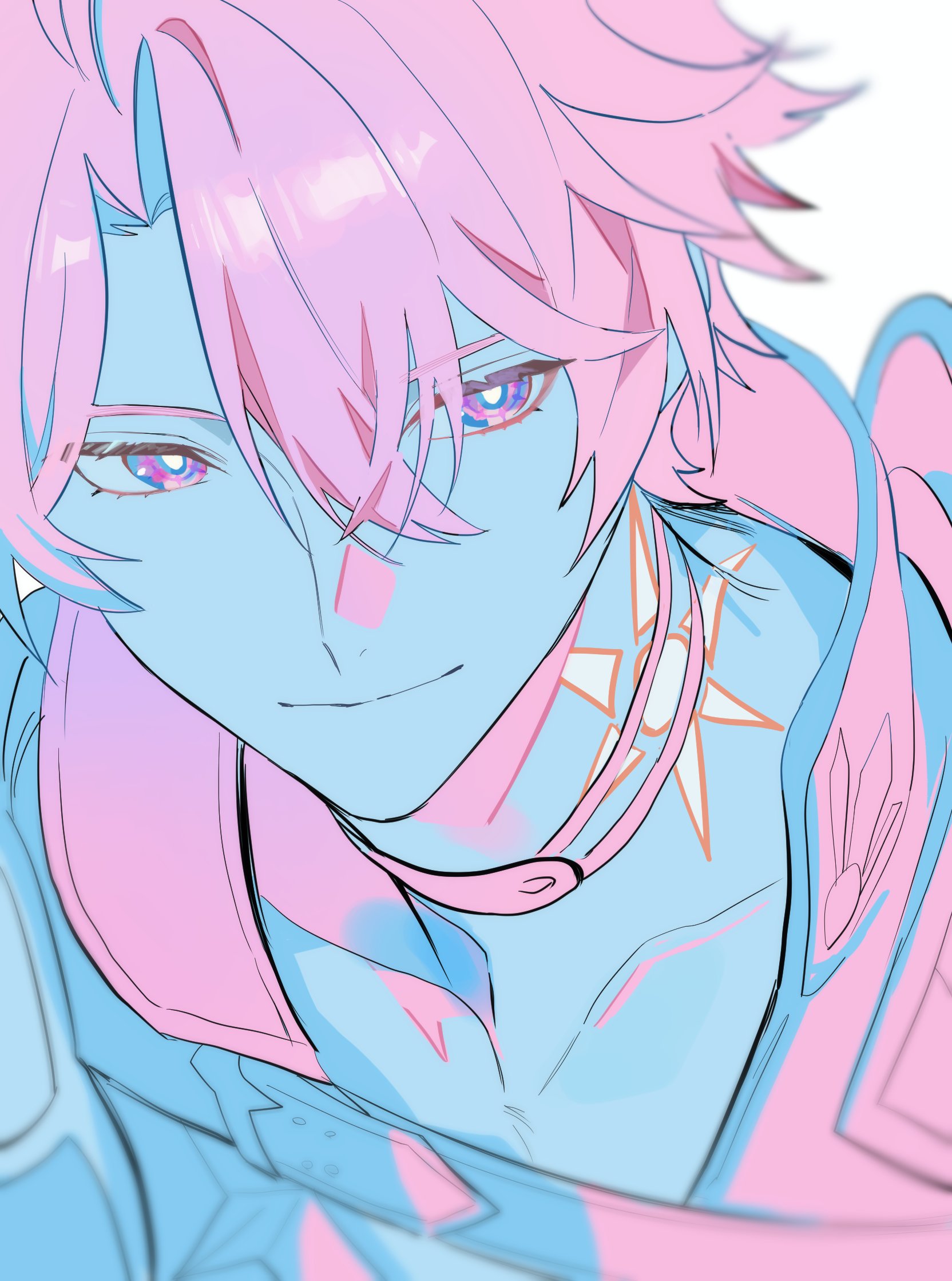 phainon (honkai: star rail), honkai: star rail, honkai (series), commentary, highres, 1boy, choker, closed mouth, collared jacket, eyelashes, hair between eyes, hazozoyaku, jacket, looking to the side, male focus, neck tattoo, parted bangs, popped collar, purple eyes, sideways glance, smile, solo, sun symbol, sun tattoo, tan, tattoo, upper body, white background