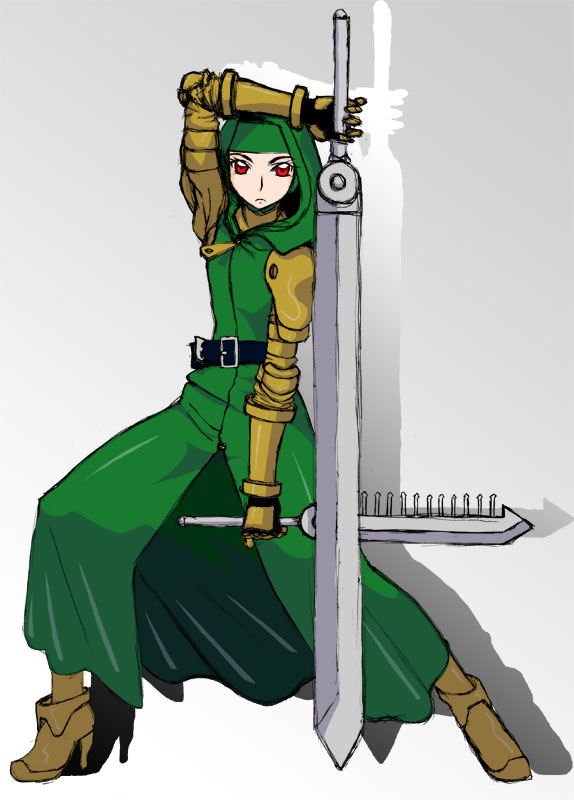 misairu oppai, meliadoul tengille, final fantasy, final fantasy tactics, 1girl, armor, belt, crossed swords, dual wielding, female focus, fighting stance, gauntlets, high heels, holding, hood, pauldrons, red eyes, shoes, short sword, shoulder armor, solo, sword, weapon