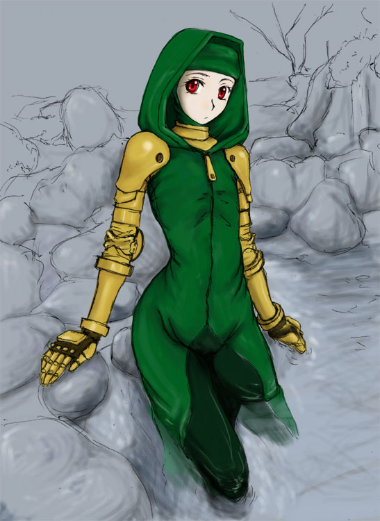 misairu oppai, meliadoul tengille, final fantasy, final fantasy tactics, 1girl, armor, female focus, gauntlets, hood, red eyes, solo