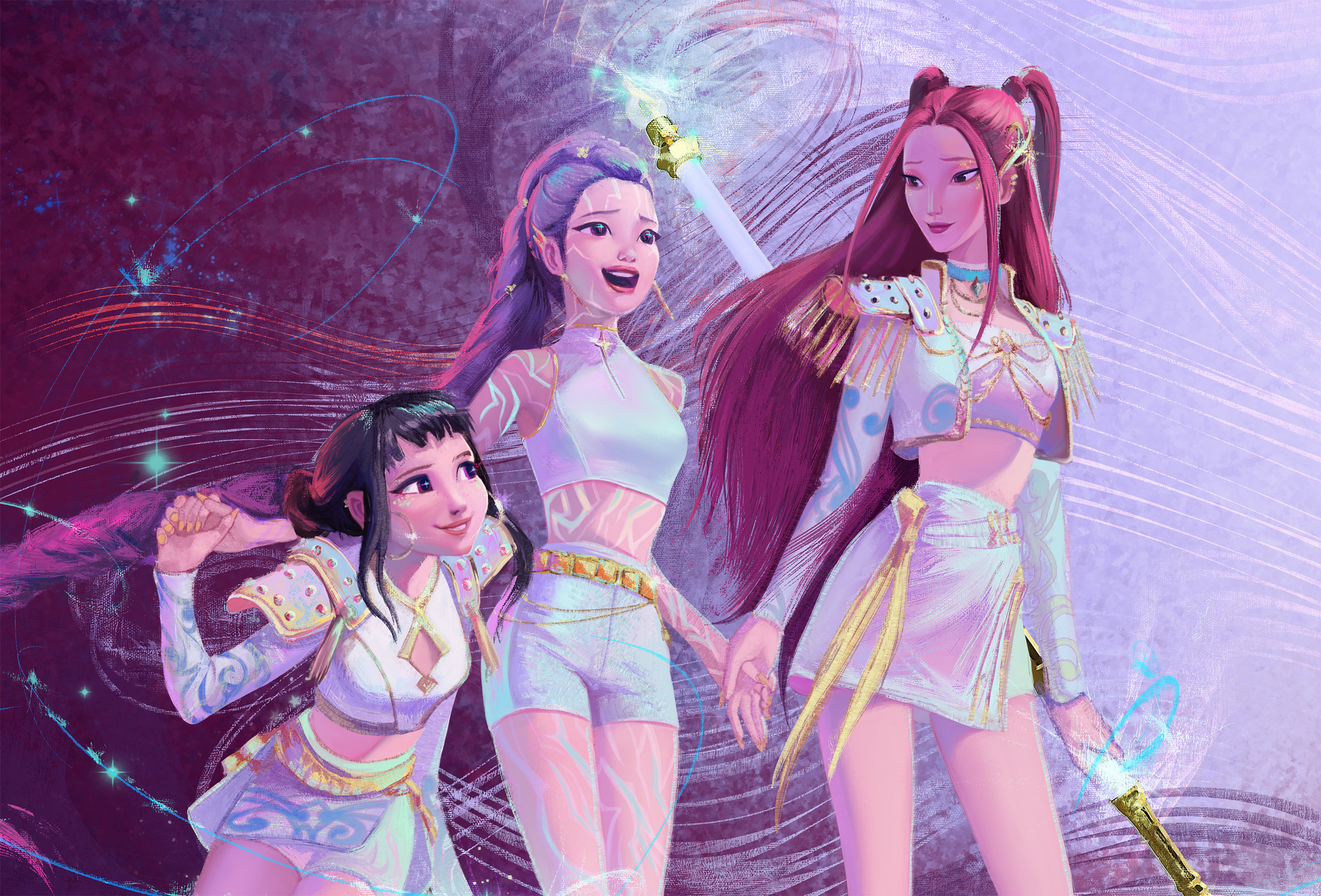 mira (kpop demon hunters), rumi (kpop demon hunters), zoey (kpop demon hunters), kpop demon hunters, commentary, highres, 3girls, alicekosh1, black hair, body markings, brown eyes, choker, double bun, earrings, epaulettes, eyeshadow, facial mark, hair bun, holding, holding hands, holding polearm, holding weapon, hoop earrings, jewelry, long hair, looking ahead, looking at another, makeup, multiple girls, pink hair, polearm, purple hair, shorts, shoulder pads, sidelocks, sleeveless, sleeveless turtleneck, smile, turtleneck, twintails, weapon, white shorts, yellow nails
