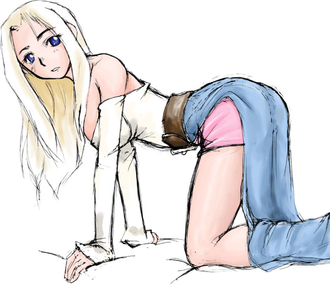 misairu oppai, reis duelar, final fantasy, final fantasy tactics, 1girl, arm support, bare shoulders, belt, blonde hair, blue eyes, breasts, female focus, long hair, looking at viewer, off-shoulder shirt, off shoulder, pants, shirt, simple background, solo, white background, white shirt