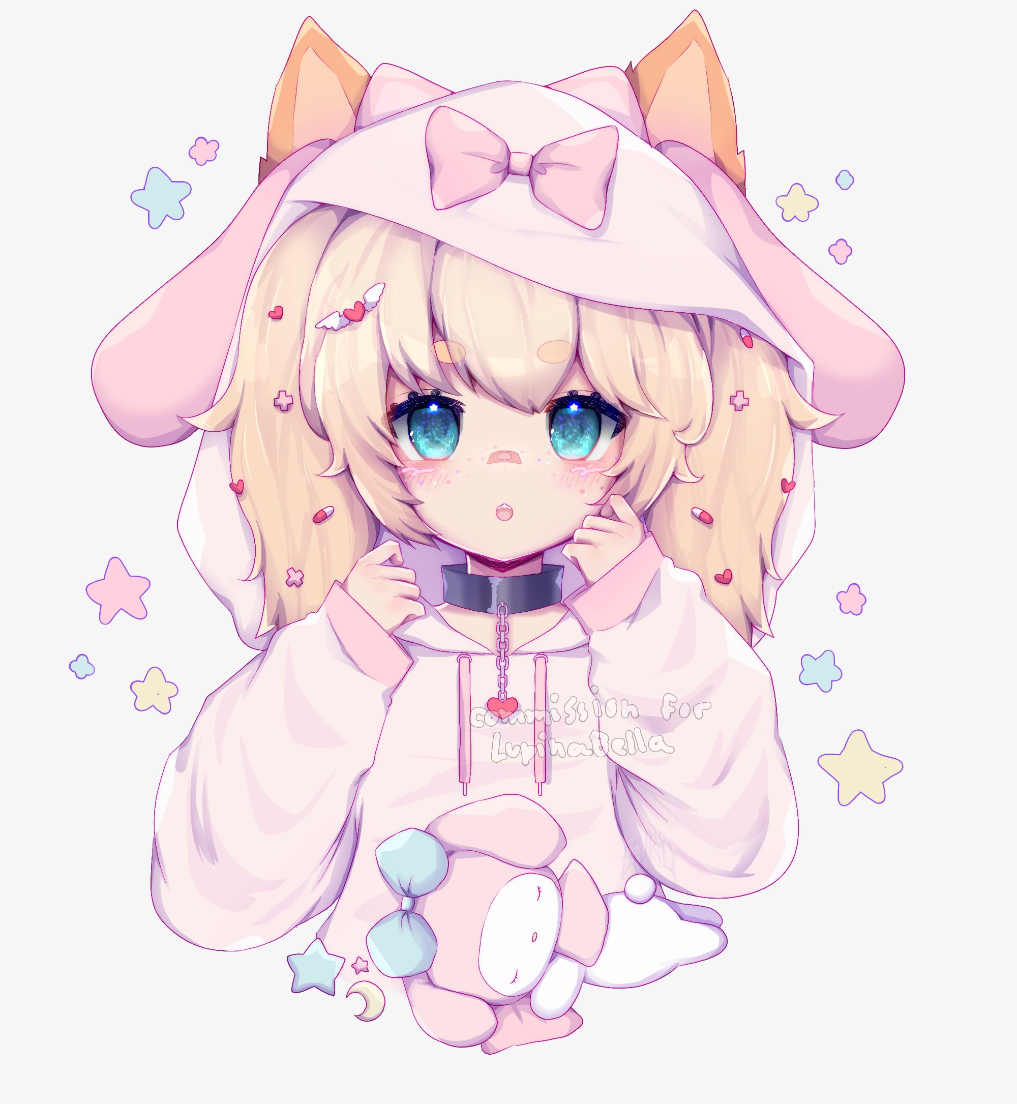 houndeater, my melody, onegai my melody, original, sanrio, commission, highres, bandaid, bandaid on face, blonde hair, blue eyes, blush, chain, chain leash, collar, freckles, hair ornament, heart, heart hair ornament, hood, hoodie, leash