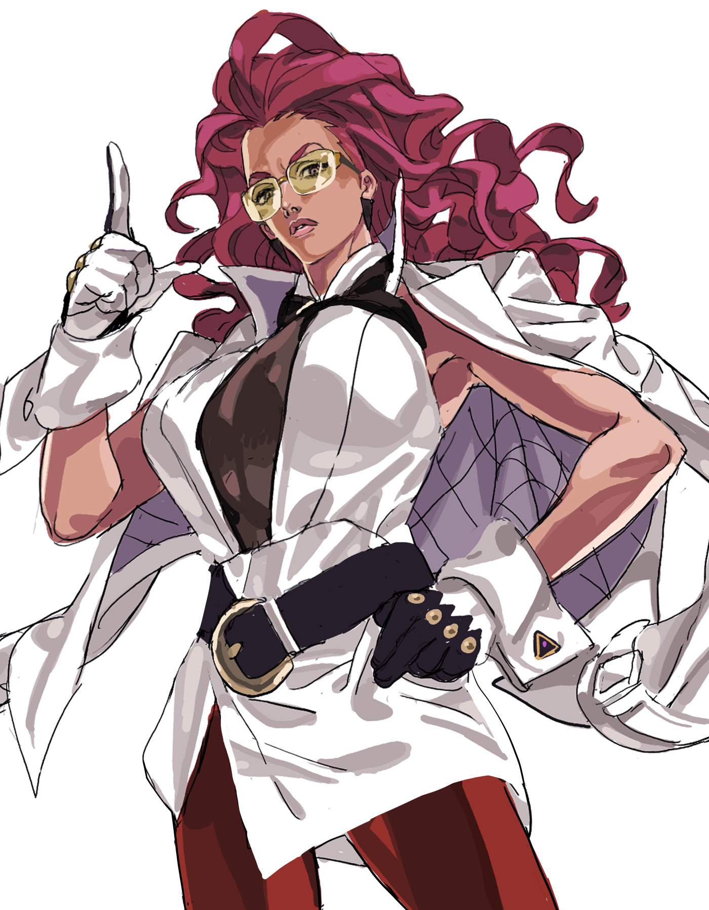 nobita (makoto7060355), crimson viper, street fighter, street fighter 6, highres, 1girl, belt, black belt, breasts, coat, coat on shoulders, earrings, gloves, hand on own hip, jewelry, long hair, looking at viewer, loose belt, medium breasts, necktie aside, pantyhose, parted lips, red hair, simple background, skirt, solo, tinted eyewear, white background, white coat, white gloves, yellow-tinted eyewear