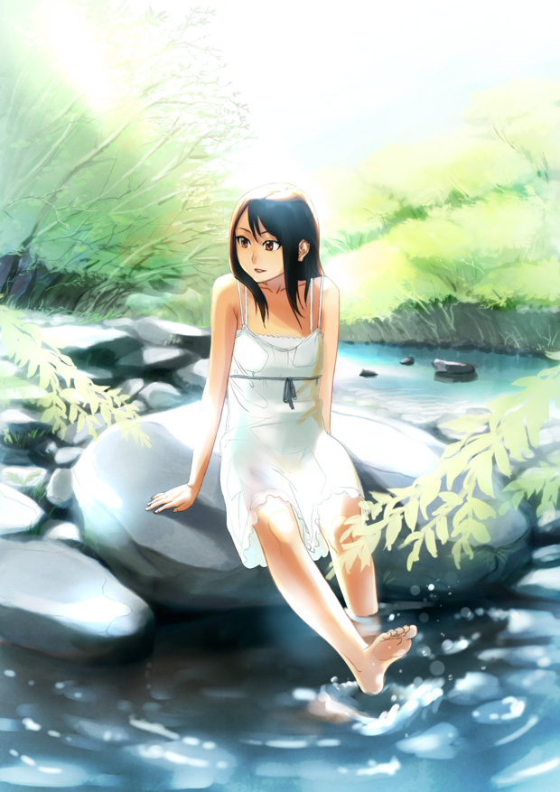 dackq, original, 1girl, bare shoulders, barefoot, black hair, brown eyes, brown hair, dress, feet, female focus, flat chest, long hair, nature, on rock, open mouth, river, rock, sitting, soaking feet, solo, tree, water, white dress