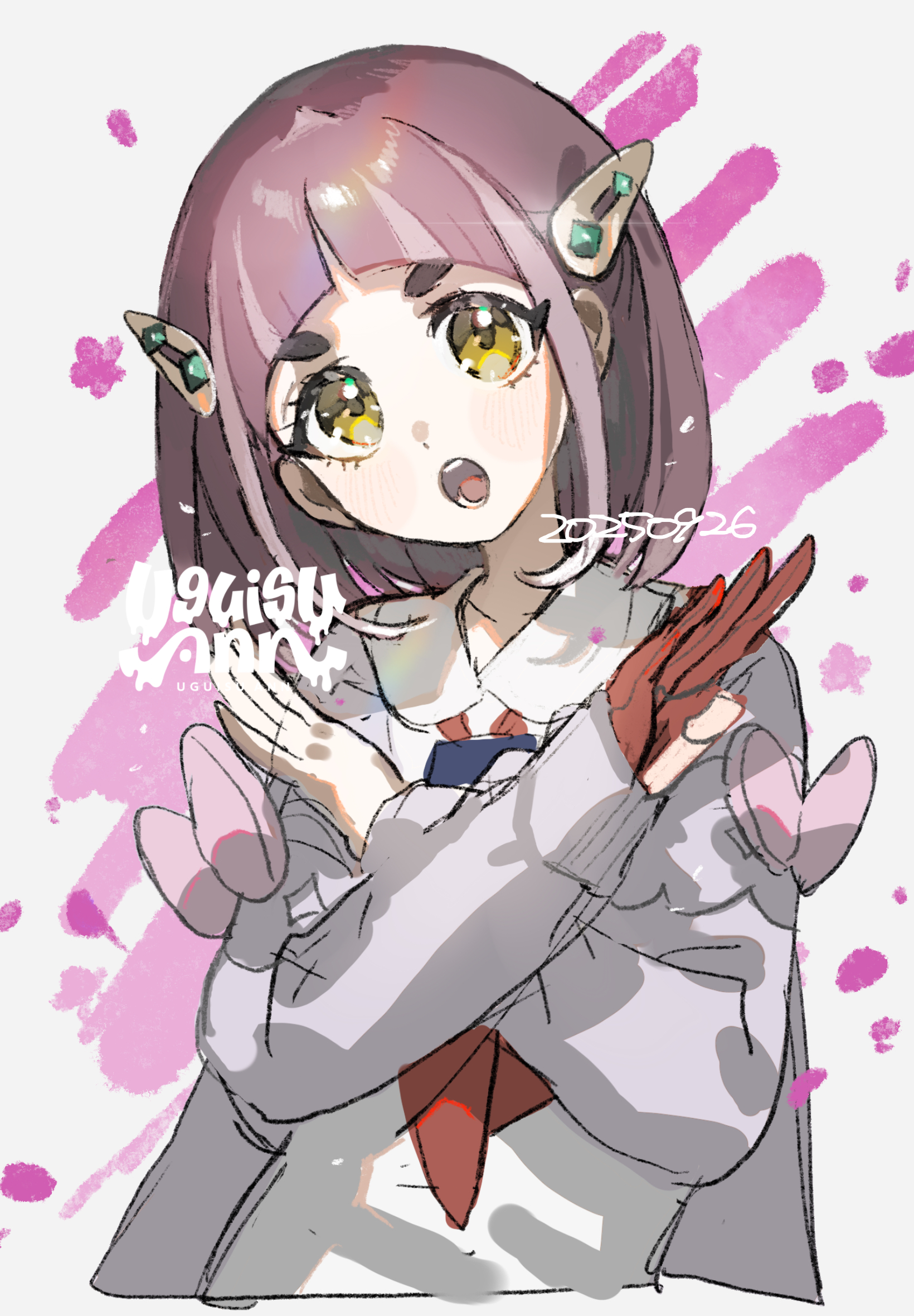 uguisu ann, lacey (pokemon), nintendo, pokemon, pokemon sv, commentary request, highres, 1girl, :o, arched bangs, cardigan, collared shirt, dated, gloves, hair ornament, hairclip, head tilt, long sleeves, open mouth, partially fingerless gloves, purple hair, red gloves, shirt, signature, single glove, solo, teeth, tongue, upper body, white shirt, x arms, yellow eyes