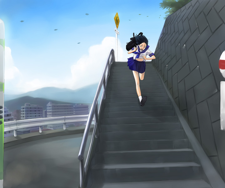 dackq, 1girl, bag, black hair, city, female focus, guard rail, leaf, midriff, mountain, navel, open mouth, road sign, running, school uniform, serafuku, sign, skirt, socks, solo, stairs, star (symbol), wind