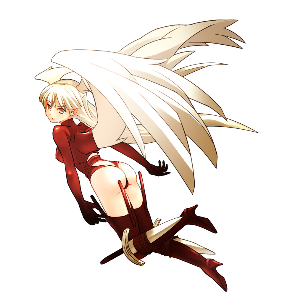 uni (gugurutan), ultima (fft), final fantasy, final fantasy tactics, bad id, bad pixiv id, 1girl, angel wings, ass, bodysuit, female focus, full body, head wings, leotard, long hair, red eyes, red leotard, simple background, solo, sword, thighhighs, very long hair, weapon, white hair, wings