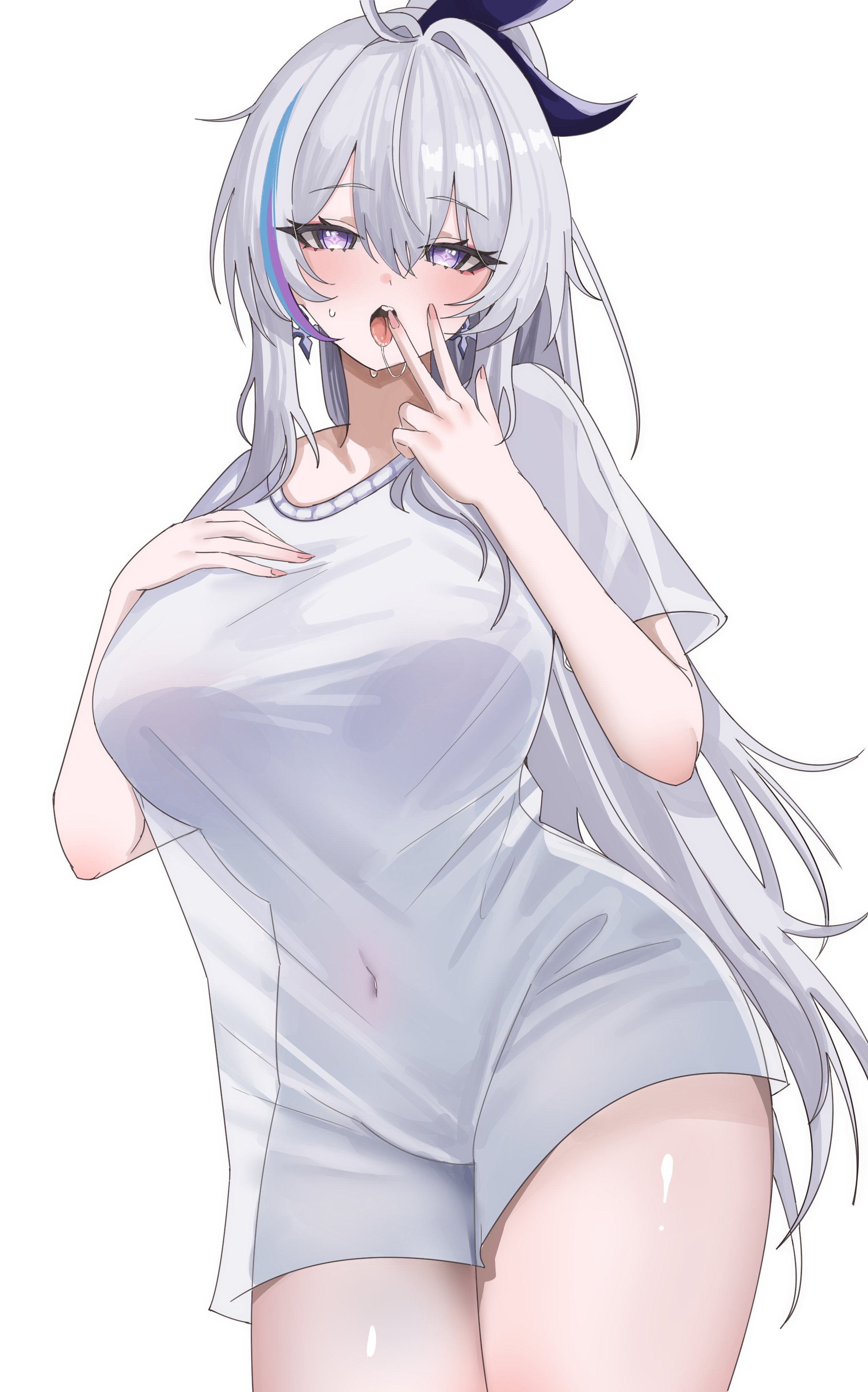 rudang, kiana kaslana, honkai (series), honkai impact 3rd, absurdres, commentary, highres, 1girl, alternate breast size (larger), breasts, covered navel, cowboy shot, earrings, fingernails, hair between eyes, hair intakes, hair ribbon, hand on own chest, hand up, jewelry, large breasts, long hair, looking at viewer, multicolored hair, open mouth, purple eyes, purple ribbon, ribbon, saliva, saliva trail, see-through silhouette, shirt, simple background, solo, streaked hair, thighs, tongue, tongue out, very long hair, white background, white hair, white shirt