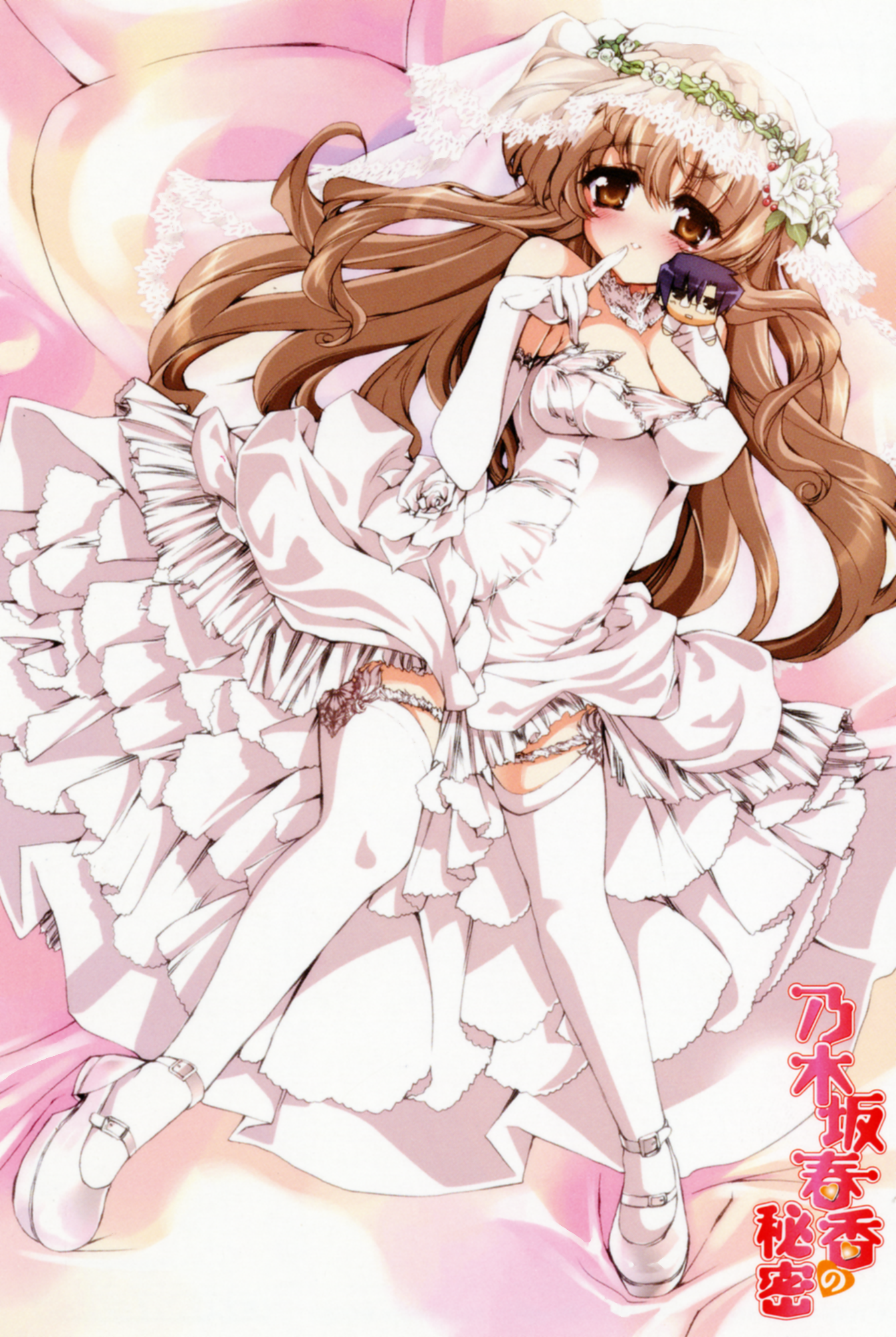 shaa, nogizaka haruka, nogizaka haruka no himitsu, highres, 00s, 1girl, blush, breasts, bride, brown eyes, brown hair, cleavage, doll, dress, female focus, finger to mouth, flower, long hair, solo, thighhighs, wedding dress