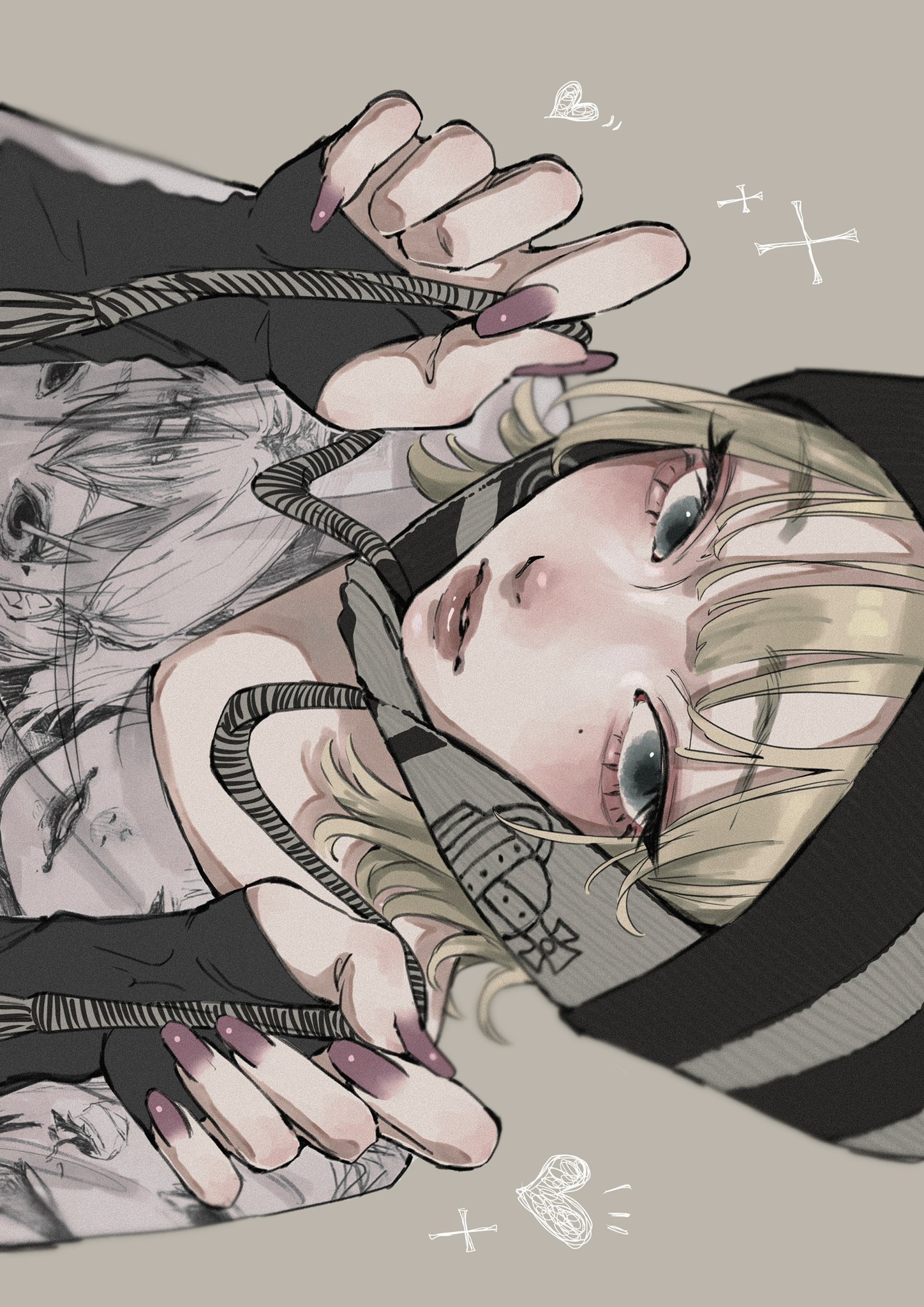 tamori (tamori www), original, highres, 1girl, arms up, beanie, black bridal gauntlets, blonde hair, blue eyes, blurry, bridal gauntlets, depth of field, double-parted bangs, earflap beanie, film grain, fingernails, grey background, hat, long fingernails, looking to the side, mole, mole under eye, nail polish, oversized clothes, oversized shirt, parted lips, portrait, print shirt, purple nails, shirt, striped clothes, striped headwear, t-shirt, vivienne westwood, white shirt, wolf cut