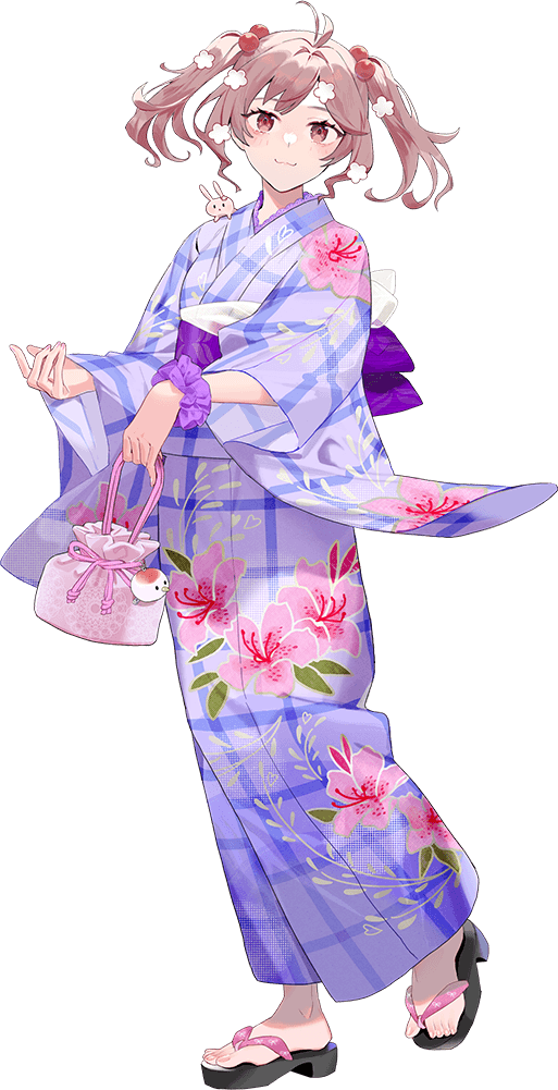 drew (drew213g), sazanami (kancolle), kantai collection, official art, third-party source, 1girl, animal, animal on shoulder, antenna hair, bag, floral print, full body, gingham kimono, hair bobbles, hair ornament, japanese clothes, kimono, pink eyes, pink hair, purple kimono, rabbit, rabbit on shoulder, sandals, satchel, sazanami (yukata) (kancolle), short hair, smile, solo, transparent background, twintails, yukata