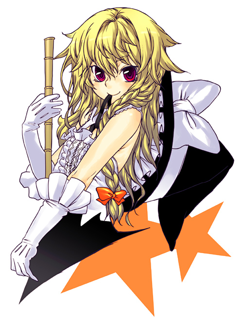 nabeshiki (rakuneko yashiki), nabeyaki neko, kirisame marisa, touhou, 1girl, blonde hair, braid, broom, elbow gloves, female focus, gloves, mouth hold, red eyes, smile, solo, star (symbol)