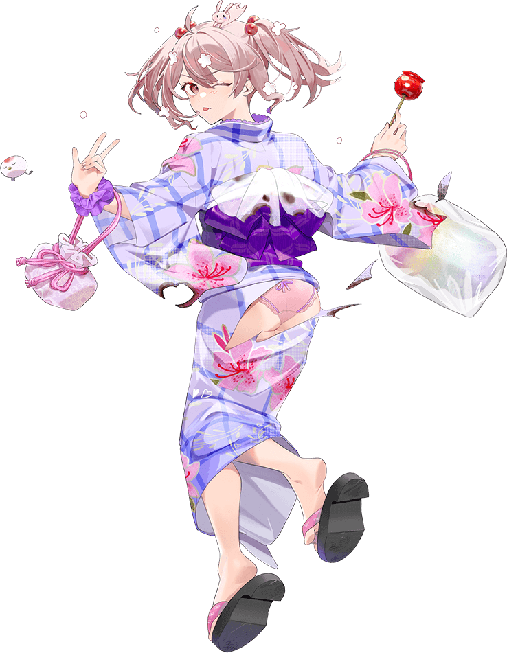drew (drew213g), sazanami (kancolle), kantai collection, official art, third-party source, 1girl, animal, animal on head, antenna hair, bag, candy apple, creature, floral print, food, from behind, full body, gingham kimono, hair bobbles, hair ornament, japanese clothes, kimono, on head, pink eyes, pink hair, purple kimono, rabbit, rabbit on head, sandals, satchel, sazanami (yukata) (kancolle), short hair, smile, solo, tongue, tongue out, transparent background, twintails, yukata