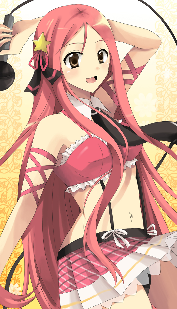 lucia, lucia (pangya), pangya, highres, 1girl, brown eyes, female focus, long hair, music, pink hair, ribbon, skirt, solo, star (symbol)
