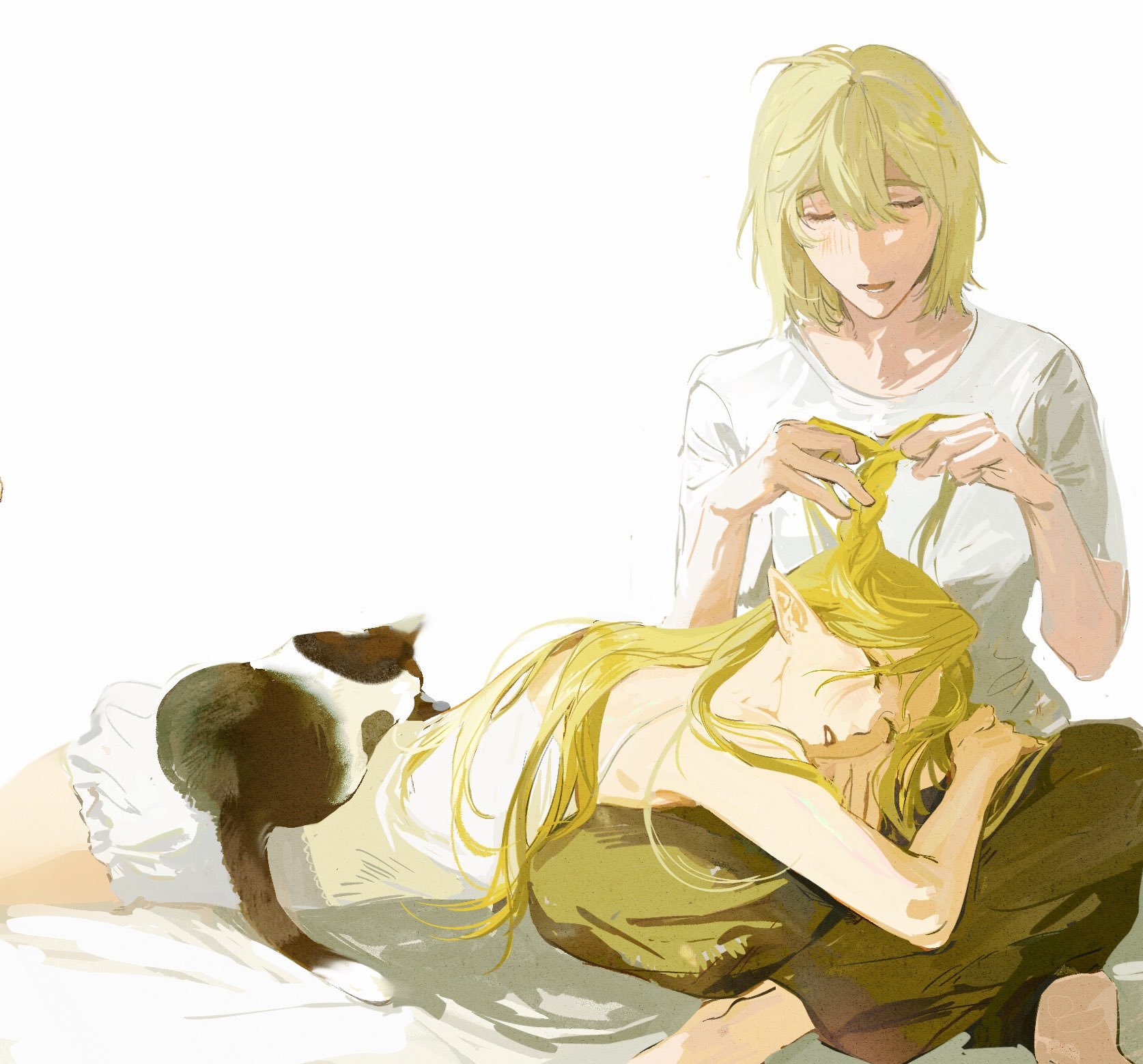 22 (22mimi2434), falin touden, marcille donato, dungeon meshi, chinese commentary, commentary, highres, 2girls, blonde hair, braiding hair, camisole, cat, closed eyes, elf, hairdressing, lap pillow, long hair, multiple girls, open mouth, pants, pointy ears, shirt, short hair, sleeping, white camisole, white shirt