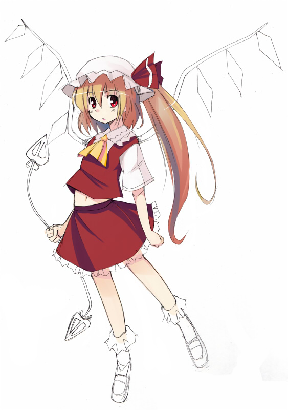seo tatsuya, flandre scarlet, touhou, unfinished, 1girl, ascot, collar, crystal, dress, female focus, full body, hat, looking at viewer, mob cap, puffy short sleeves, puffy sleeves, red dress, short sleeves, side ponytail, simple background, solo, vest, white background, wings