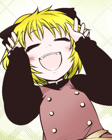 chado, kurodani yamame, touhou, lowres, 1girl, :d, ^ ^, arms up, blush, buttons, closed eyes, female focus, long sleeves, open mouth, simple background, smile, solo, upper body, white background