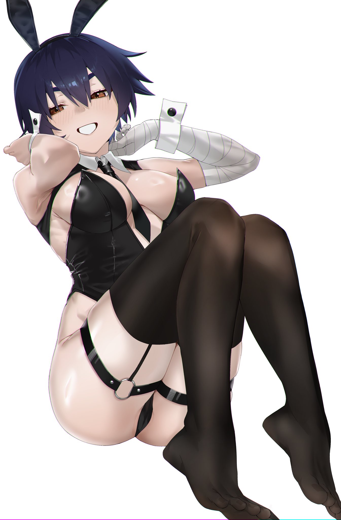 arril100, kanbaru suruga, bakemonogatari, monogatari (series), highres, 1girl, alternate costume, animal ear hairband, animal ears, bandaged arm, bandages, between breasts, black hair, black leotard, black necktie, black thighhighs, blush, breasts, brown eyes, detached collar, fake animal ears, feet, full body, hairband, hands up, large breasts, leotard, looking at viewer, necktie, open mouth, playboy bunny, rabbit ears, short hair, simple background, smile, solo, thighhighs, toes, white background, white mouth, white wrist cuffs, wrist cuffs
