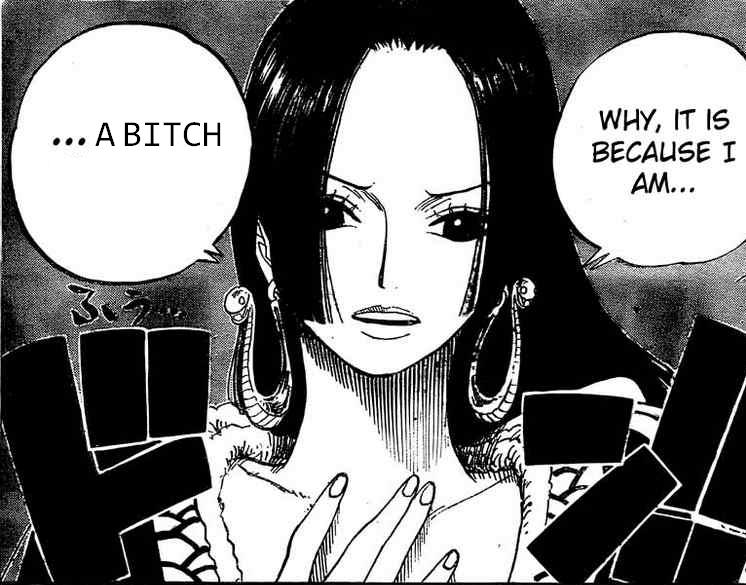 boa hancock, one piece, scan, third-party edit, 1girl, amazon warrior, comic, earrings, english text, fake scanlation, female focus, greyscale, jewelry, monochrome, scanlation, solo