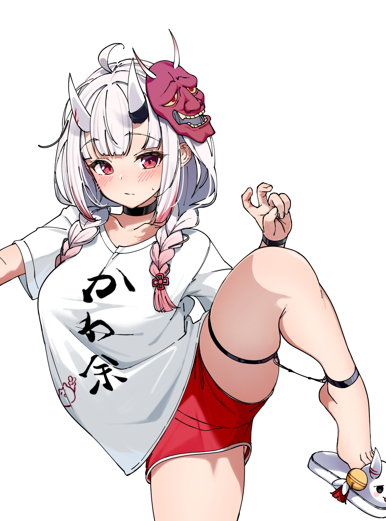 eru (l illust45), nakiri ayame, nakiri ayame (cutie jersey), hololive, commentary request, highres, 1girl, ahoge, ankle strap, black choker, blunt bangs, blush, breasts, choker, closed mouth, clothes writing, gradient hair, grey hair, hair over shoulder, hand up, horns, large breasts, long hair, looking at viewer, mask, mask on head, multicolored hair, official alternate costume, official alternate hairstyle, oni, oni mask, red eyes, red hair, red shorts, shirt, short shorts, shorts, simple background, skin-covered horns, slippers, solo, spread legs, standing, standing on one leg, t-shirt, thigh strap, toes, virtual youtuber, white background, white shirt, white slippers