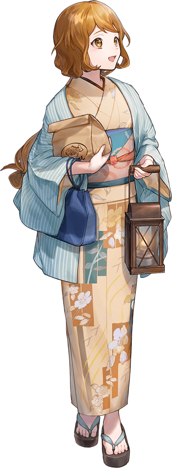 hozuka (kadokawa), ootomari (kancolle), kantai collection, official art, third-party source, 1girl, bag, blue haori, brown eyes, brown hair, floral print, folded hair, full body, haori, japanese clothes, kimono, lantern, long hair, looking to the side, ootomari (yukata) (kancolle), paper bag, sandals, smile, solo, standing, striped haori, transparent background, yellow kimono, yukata