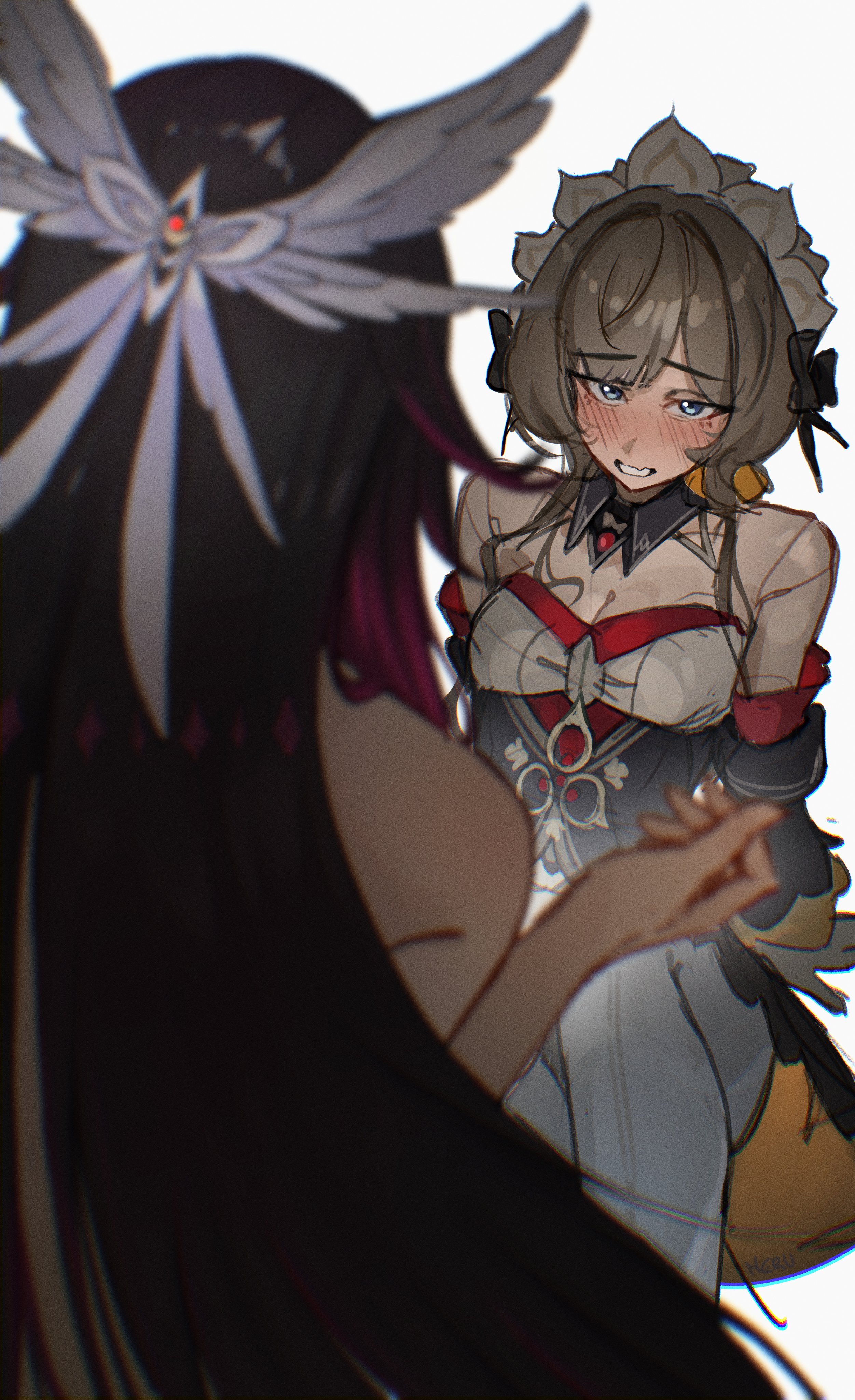 m3ru, columbina (genshin impact), sandrone (genshin impact), genshin impact, absurdres, highres, 2girls, back, bare shoulders, black hair, blue eyes, blush, breasts, brown hair, detached sleeves, facing away, from behind, gloves, head wings, headdress, long hair, medium breasts, multicolored hair, multiple girls, short hair with long locks, sitting, streaked hair, two-tone hair, very long hair, white gloves, wings, yuri