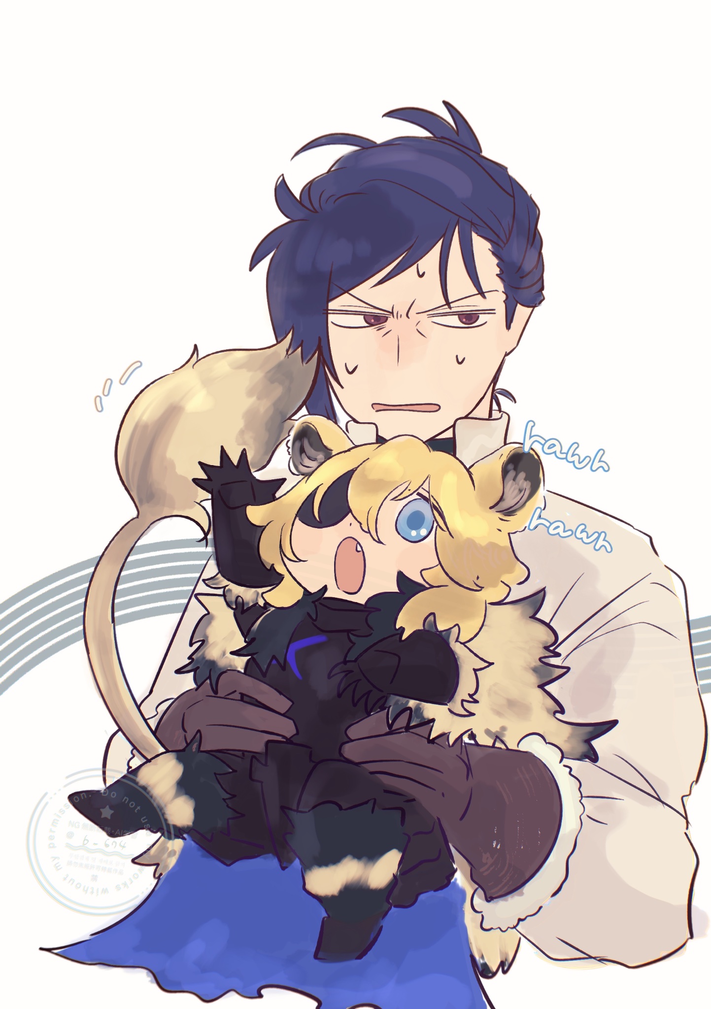 dimitri alexandre blaiddyd, dimitri alexandre blaiddyd (timeskip), felix hugo fraldarius, felix hugo fraldarius (timeskip), fire emblem, fire emblem: three houses, fire emblem shadows, nintendo, commentary, highres, symbol-only commentary, 2boys, animal ears, arm up, armor, b 674, black armor, blonde hair, blue cape, blue eyes, blue hair, boots, breastplate, brown eyes, brown gloves, cape, collared shirt, cropped torso, dimitri alexandre blaiddyd (blue lion), dimitri alexandre blaiddyd (shadows), dot nose, fang, fur-trimmed gloves, fur trim, gauntlets, gloves, hair between eyes, holding, lion boy, lion ears, lion tail, long sleeves, looking to the side, looking up, male focus, multiple boys, nervous sweating, open mouth, popped collar, shirt, sideways glance, sound effects, sweat, tail, watermark, white background, white shirt
