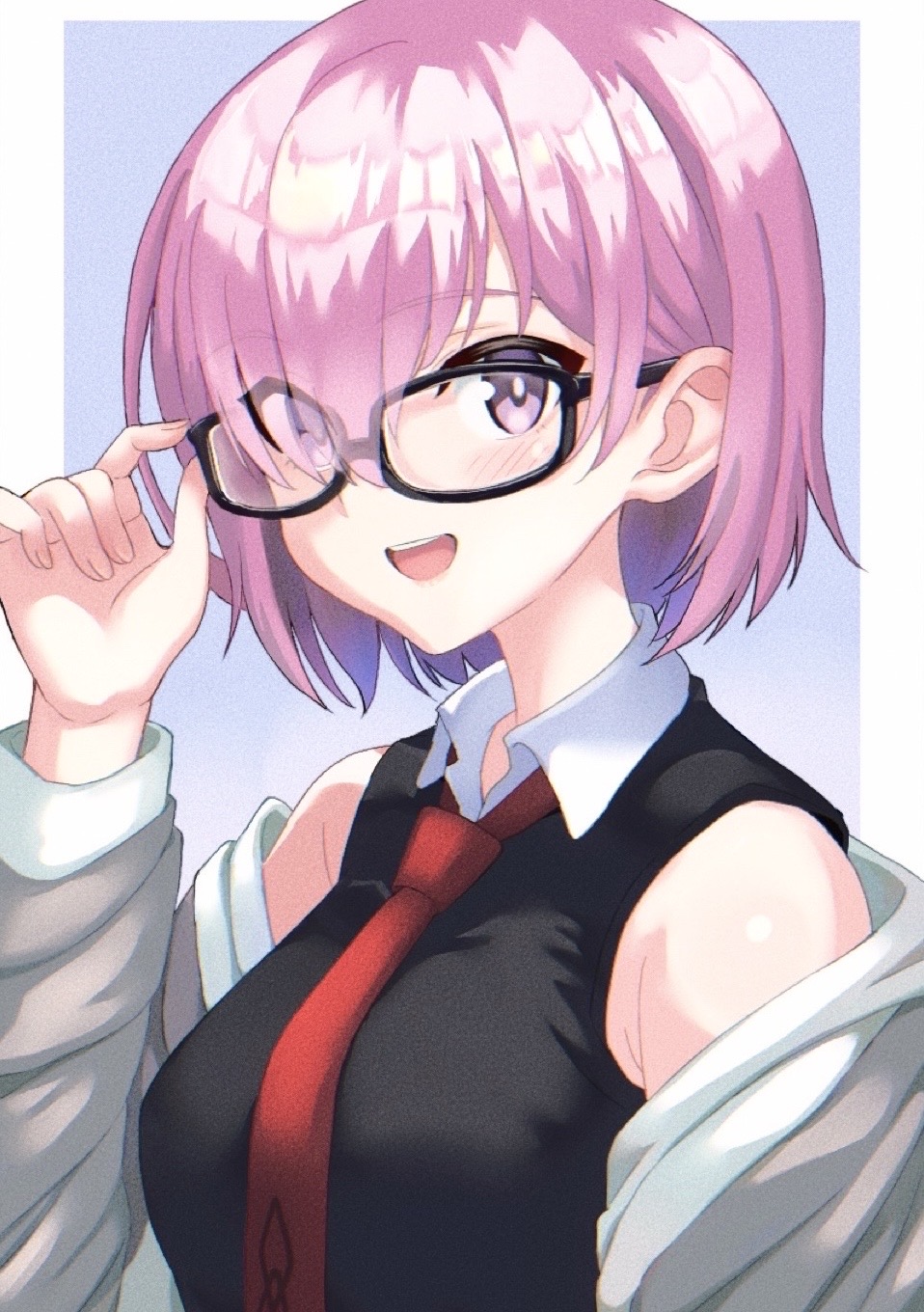 notus 23, mash kyrielight, fate/grand order, fate (series), commentary request, highres, 1girl, adjusting eyewear, bare shoulders, black dress, blue background, blush, border, breasts, dress, fingernails, glasses, grey jacket, jacket, looking at viewer, medium breasts, necktie, off shoulder, open mouth, outside border, pink eyes, pink hair, red necktie, short hair, simple background, sleeveless, sleeveless dress, smile, solo, white border