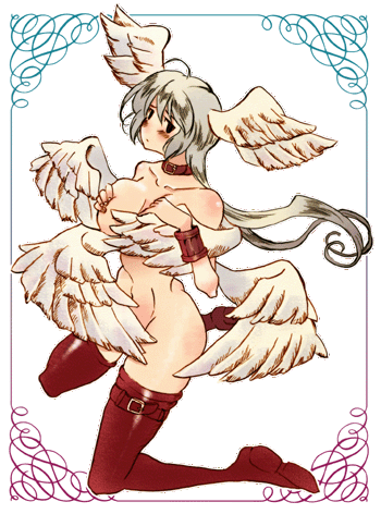 koma (nisin1), koma (pixiv193568), ultima (fft), final fantasy, final fantasy tactics, bad id, bad pixiv id, lowres, 1girl, breasts, female focus, head wings, kneeling, large breasts, long hair, solo, thighhighs, transparent background, white hair, wings