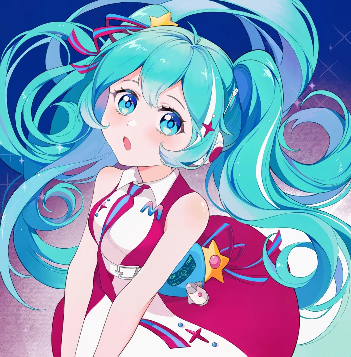 bai xin, hatsune miku, magical mirai miku, magical mirai miku (2022), magical mirai (vocaloid), vocaloid, commentary request, highres, + +, 1girl, belt, blue eyes, blue hair, collared dress, dress, floating hair, hair ribbon, hands out of frame, headphones, long hair, necktie, open mouth, ribbon, sleeveless, sleeveless dress, solo, star (symbol), twintails, very long hair