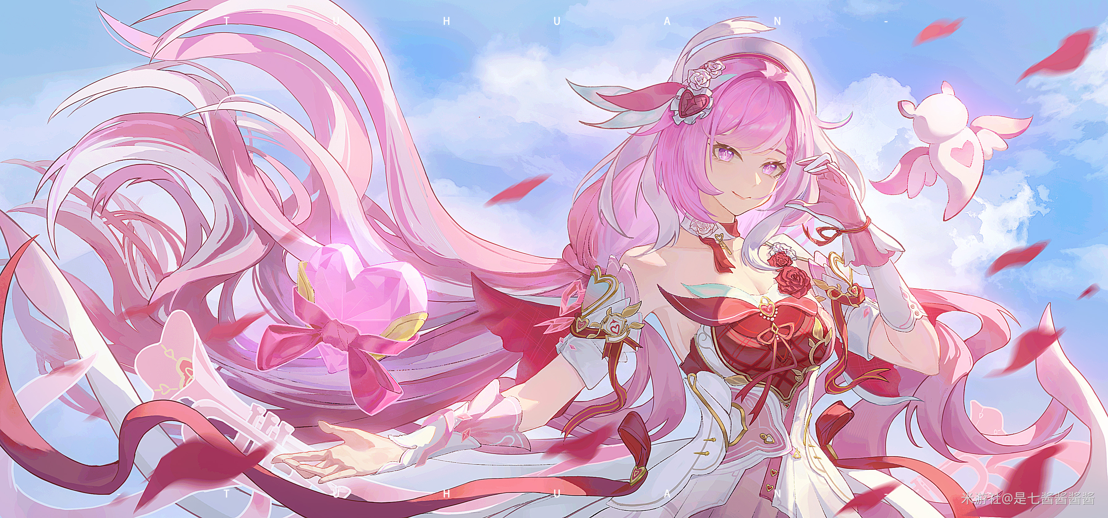 elysia (hi love elf) (honkai impact), elysia (honkai impact), honkai (series), honkai impact 3rd, absurdres, chinese commentary, commentary request, highres, 1girl, beret, blue sky, breasts, cleavage, diamond-shaped pupils, diamond (shape), dress, falling petals, gloves, half-heart hands, hat, heart, instrument, large breasts, long hair, miyoushe watermark, multicolored hair, outdoors, petals, pink dress, pink gloves, pink hair, purple eyes, shi qi jiang jiang jiang jiang, sky, smile, solo, symbol-shaped pupils, trumpet, two-tone dress, two-tone hair, very long hair, watermark, white dress, white hair