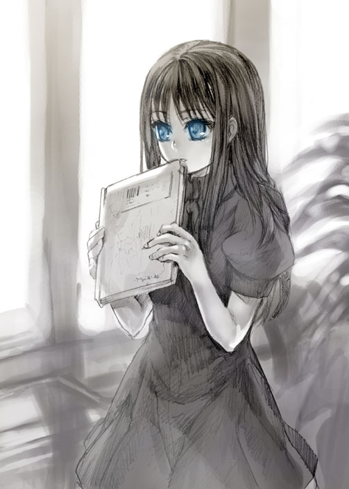 tenkuu sphere, ryougi mana, kara no kyoukai, 1girl, blue eyes, female focus, monochrome, solo, spot color