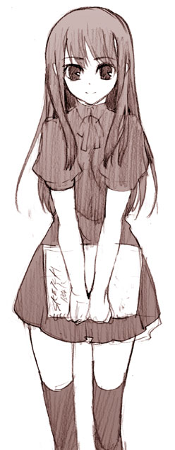 tenkuu sphere, kokutou azaka, ryougi mana, kara no kyoukai, 1girl, blush, brown theme, dress, female focus, folder, holding, long hair, looking at viewer, monochrome, simple background, solo, thighhighs, v arms, white background, zettai ryouiki