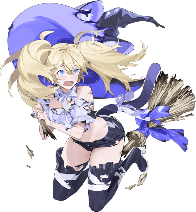 akira (kadokawa), gambier bay (kancolle), kantai collection, official art, third-party source, 1girl, animal ear fluff, animal ears, bandages, black ribbon, black shorts, black thighhighs, blonde hair, blue eyes, blue ribbon, broom, cat ears, cat tail, dress, frilled dress, frills, full body, gambier bay (halloween) (kancolle), hat, long hair, looking back, open mouth, ribbon, shirt, shorts, sitting, solo, tail, thighhighs, torn clothes, transparent background, twintails, white shirt, witch hat