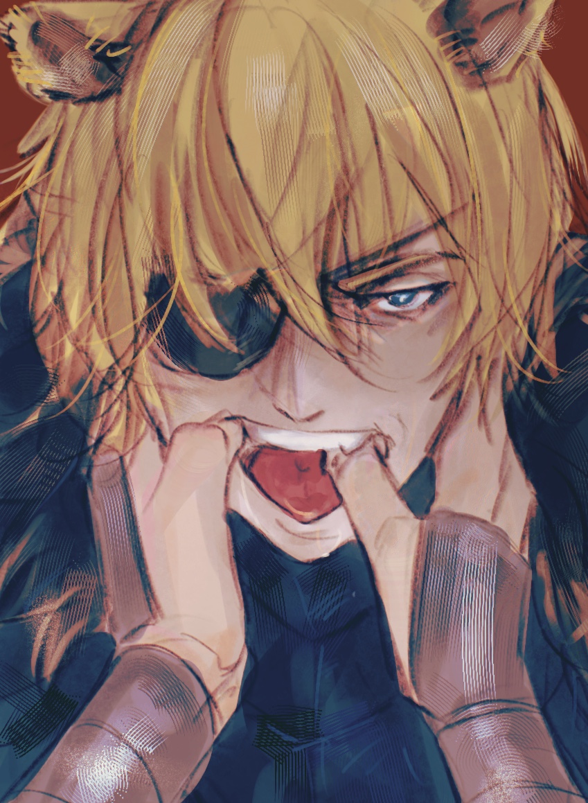 lno408, dimitri alexandre blaiddyd, dimitri alexandre blaiddyd (timeskip), female byleth (fire emblem), fire emblem, fire emblem: three houses, fire emblem shadows, nintendo, commentary, hashtag-only commentary, 1boy, 1girl, animal ears, armor, black armor, blonde hair, blue eyes, breastplate, dimitri alexandre blaiddyd (blue lion), eyepatch, finger in another's mouth, fingernails, hands on another's face, lion boy, lion ears, looking at viewer, male focus, one eye covered, out of frame, red background, sanpaku, simple background, solo focus, teeth, tongue, upper body, upper teeth only