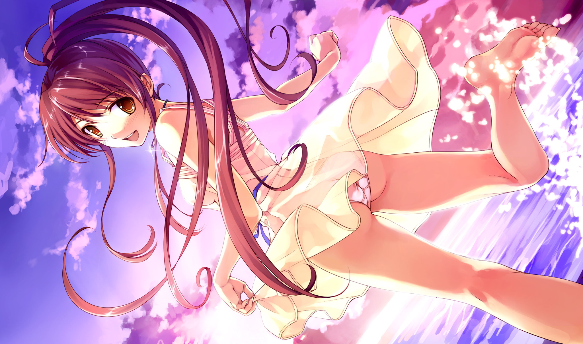 cradle (circle), misaki kurehito, miyamae tomoka, abhar, suiheisen made nan mile?, game cg, highres, 1girl, :d, aqua eyes, ass, barefoot, brown eyes, clothes lift, cloud, dress, dress lift, dutch angle, feet, female focus, jewelry, legs, long hair, looking back, necklace, no bra, open mouth, panties, ponytail, red hair, see-through clothes, sky, smile, soles, solo, splashing, sunset, toes, underwear, water, white panties