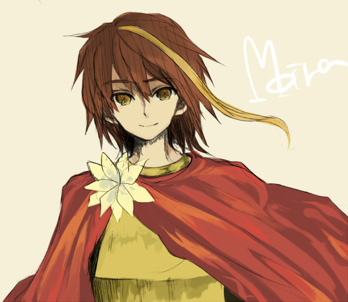 shiina aya, leontius, moira, sound horizon, + +, 1boy, blonde hair, brown hair, cape, flower, male focus, multicolored hair, short hair, smile, solo, two-tone hair, yellow eyes