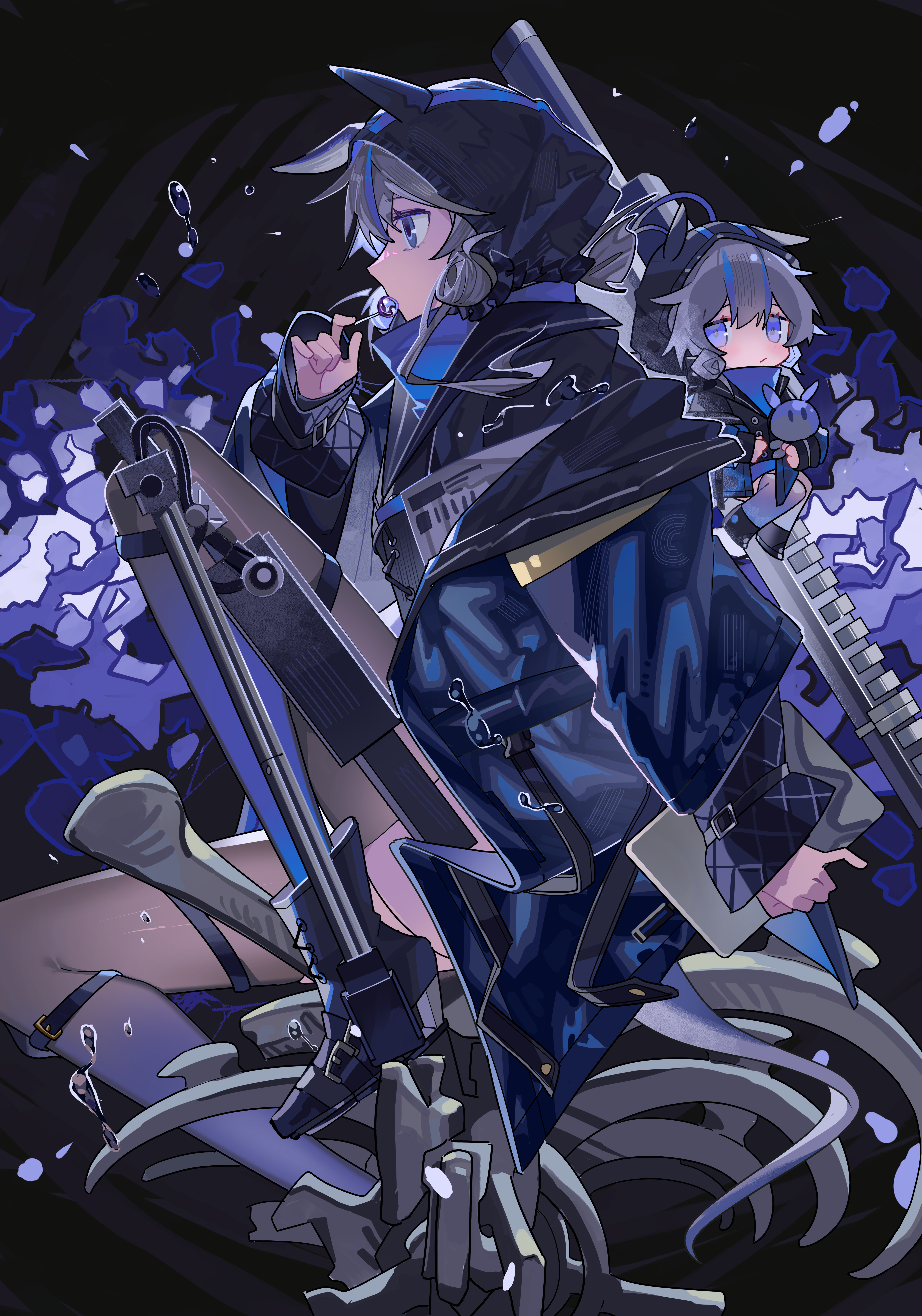 kanshio, glaucus (arknights), arknights, absurdres, chinese commentary, commentary, highres, 1girl, amputee, blue eyes, blue hair, blue jacket, candy, chibi, chibi inset, food, grey hair, hood, hood up, jacket, lollipop, long sleeves, multicolored hair, prosthesis, prosthetic leg, streaked hair, two-tone hair