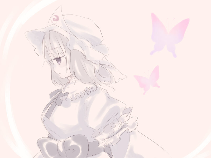 shiina aya, saigyouji yuyuko, touhou, 1girl, female focus, hat, japanese clothes, kimono, long sleeves, mob cap, short hair, simple background, sketch, solo, triangular headpiece, upper body, white background