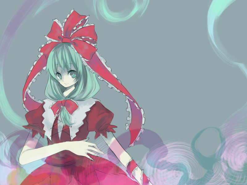 shiina aya, kagiyama hina, touhou, 1girl, boots, bow, dress, female focus, frills, front ponytail, green eyes, green hair, hair bow, hair ornament, hair ribbon, long hair, matching hair/eyes, red dress, ribbon, solo