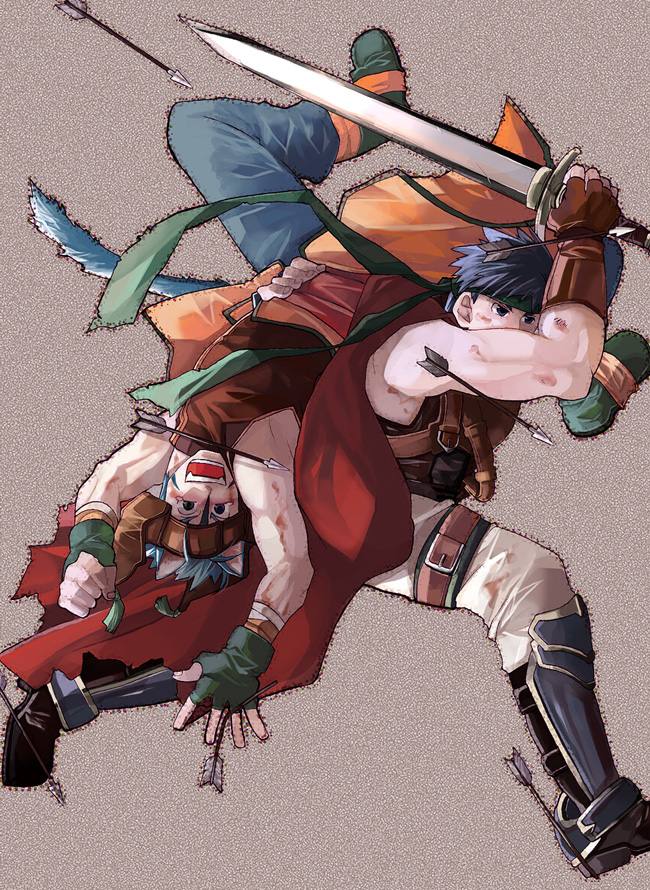 kurano (rakku5raku), ike (fire emblem), ranulf (fire emblem), fire emblem, fire emblem: radiant dawn, nintendo, commentary request, 2boys, animal ears, arrow (projectile), blue eyes, blue hair, cape, carrying, carrying person, cat boy, cat ears, green headband, headband, headdress, heterochromia, holding, holding sword, holding weapon, male focus, multiple boys, open mouth, red cape, short hair, sleeveless, sword, tail, weapon