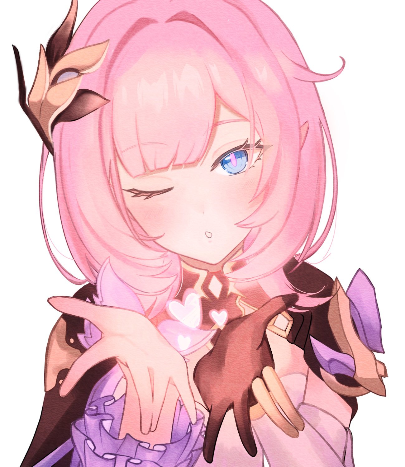 elysia (honkai impact), elysia (miss pink elf) (honkai impact), honkai (series), honkai impact 3rd, commentary request, highres, 1girl, black gloves, blowing kiss, blue eyes, corset, elf, fingerless gloves, gloves, hair ornament, heart, heiwaninetaina, long hair, looking at viewer, pink hair, pointy ears, shrug (clothing), simple background, solo, white background, white corset