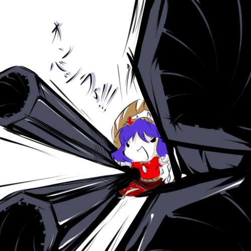 yasaka kanako, touhou, turret, lowres, 1girl, cannon, chibi, dress, female focus, machinery, outstretched arm, puffy short sleeves, puffy sleeves, purple hair, red dress, short hair, short sleeves, simple background, solo, white background